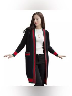Open-Front Navy Long Cardigan Sweater with Red & Green Trim